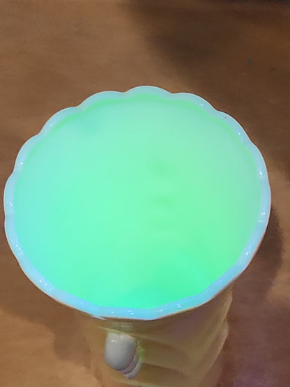 Vintage Vitrock Uranium Glass Vase Peach and White Scalloped Edges Beaded Handles Art Deco Vase GLOWS GREEN gl90