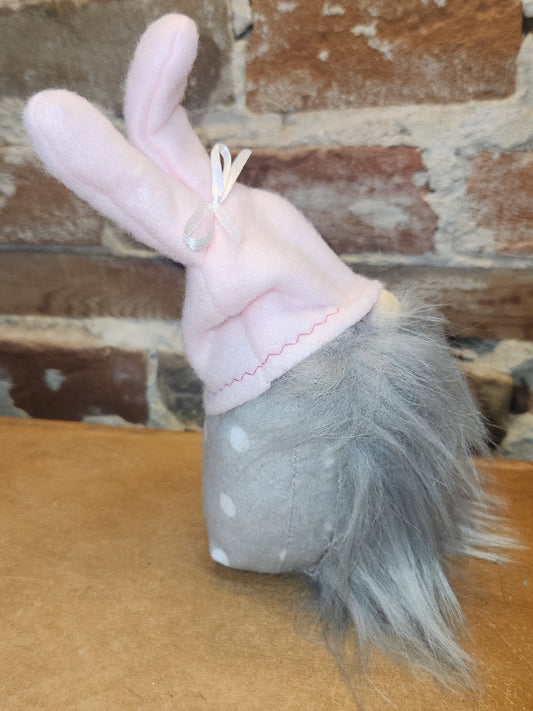 7” Gnome with Grey Dotted Body, Grey Bears Pink Bunny Hat gn2
