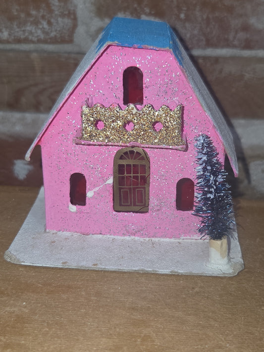 Vintage Putz House with Balcony and Tree Pink Made in Japan AS IS ptz3