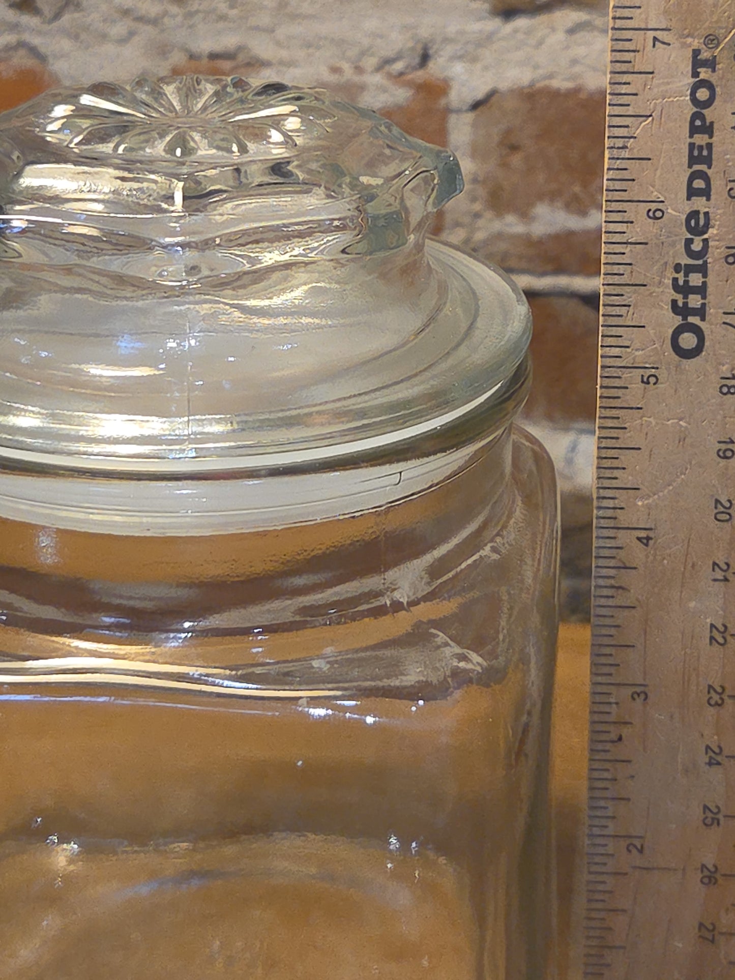 Vintage Clear Glass Square Canister with Sunburst Lid 6 1/4" square sj3