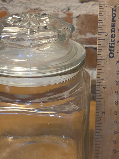 Vintage Clear Glass Square Canister with Sunburst Lid 6 1/4" square sj3