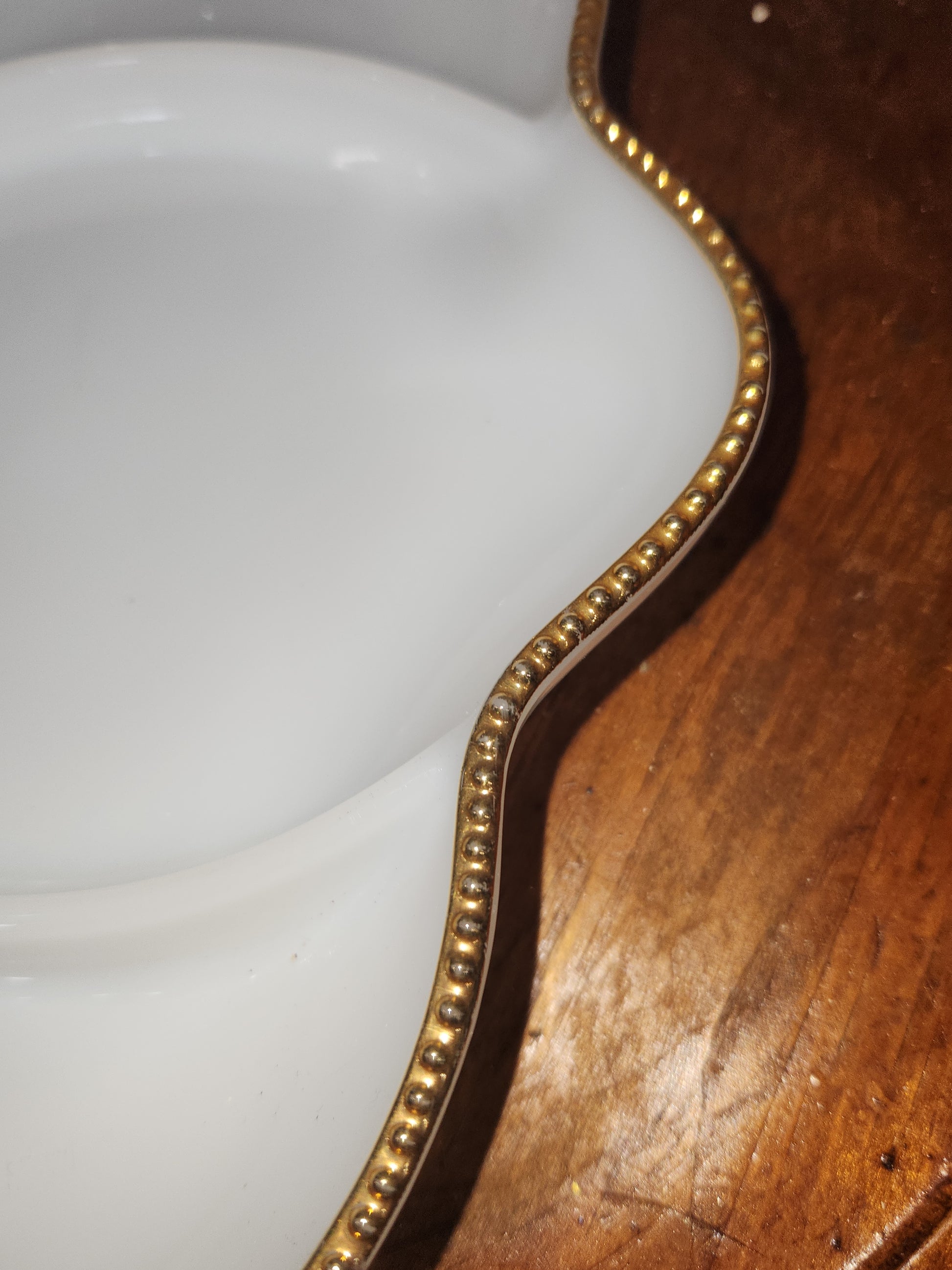 Vintage Fire King Oven Ware Milk Glass tray with 3 sections and gold trim. Mg77