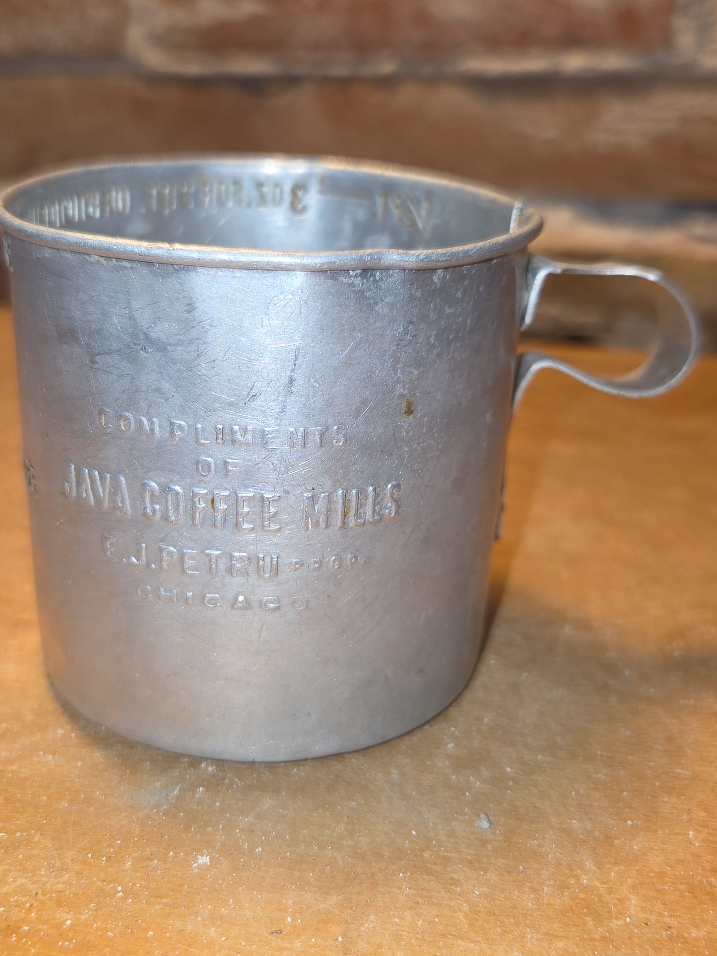 Vintage Aluminum Cup Compliments of Java Coffee Mills, E.J. Petru Prop Chicago ac78