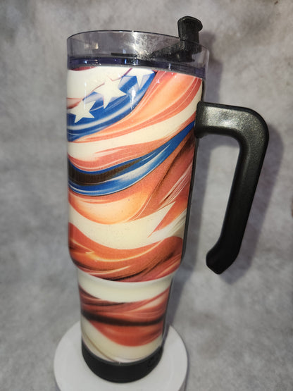 30 oz tumbler with black rechargeable speaker Flag tfg1