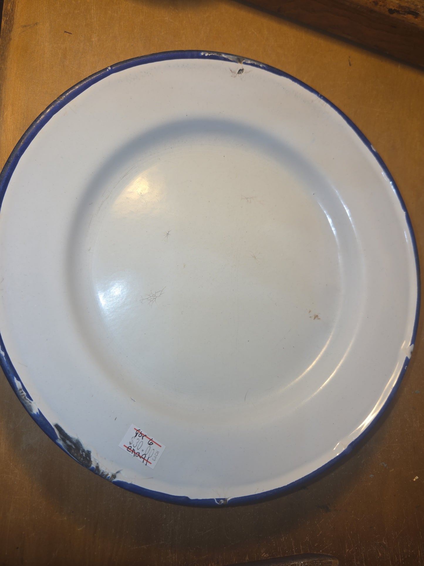 Vintage Set of 6 White Blue Enamel Plates AS IS ena91