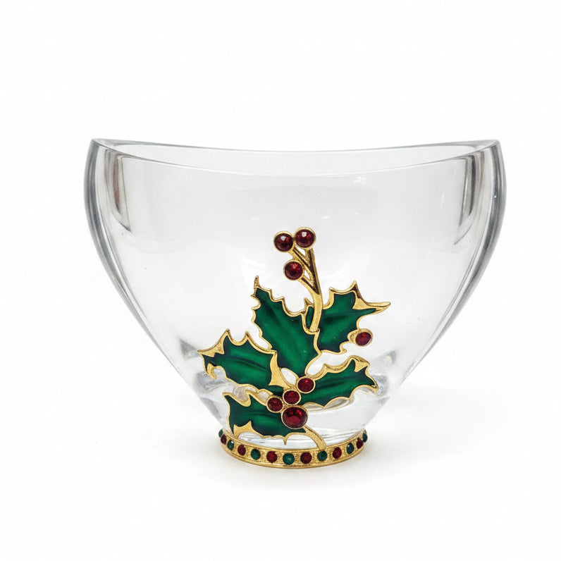 Fine Bohemian 24% Lead Crystal Vase with Jeweled Holly Leaf and Berries Czech Republic va3