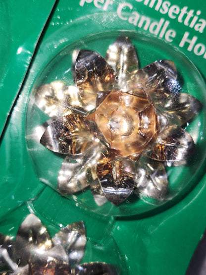 Vintage JoyBrite Poinsettia Taper Candle Holders Gold Silver NIP NOS