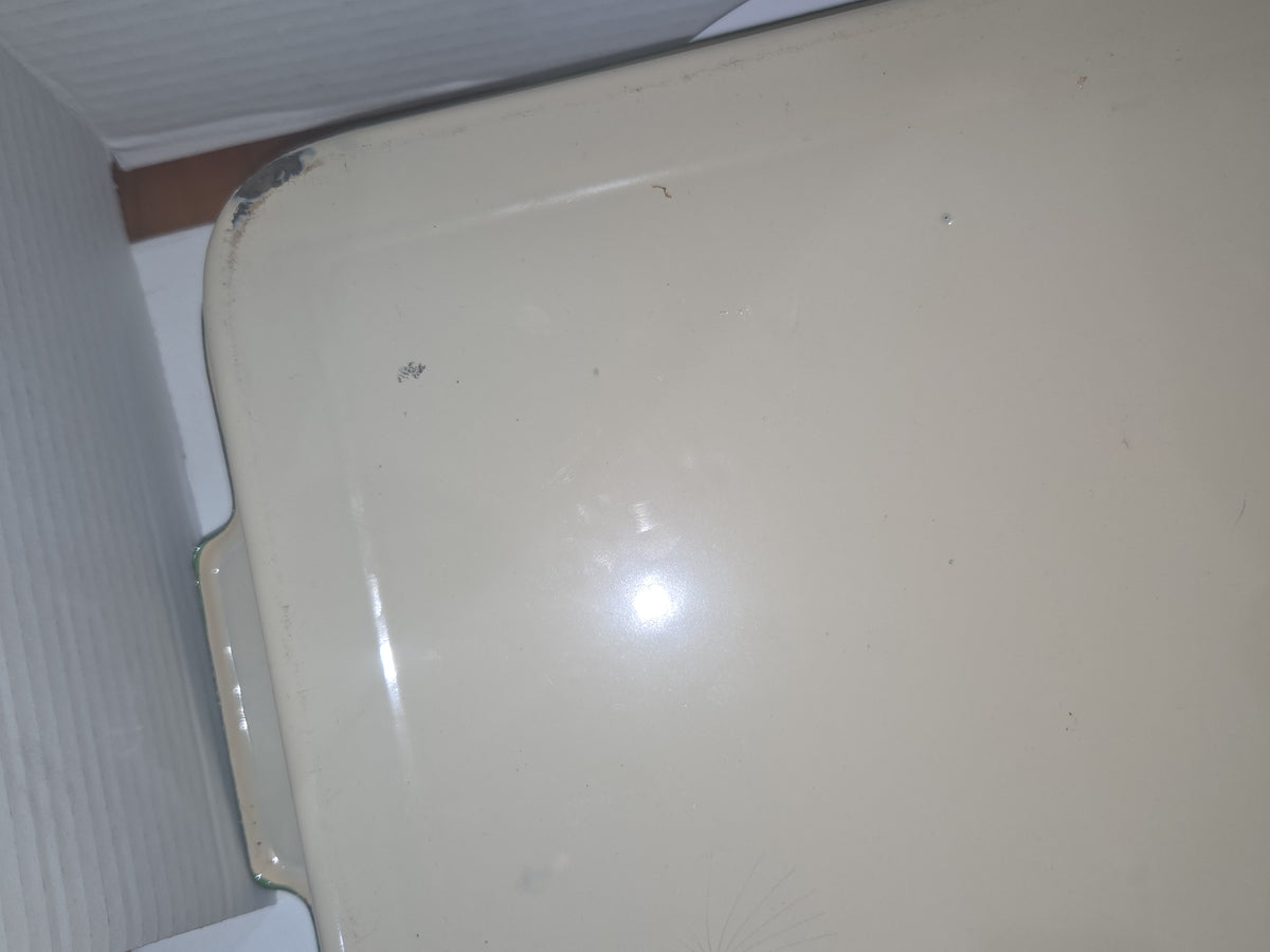 Vintage Enamel Baking Roasting Pan Rustic Primitive Cream with Green Trim en82
