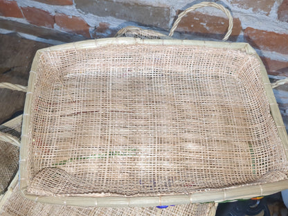 3 Vintage Boho Nesting Raffia Wicker Straw Lined Casserole Baskets, Tray Set 1970s or 1980s