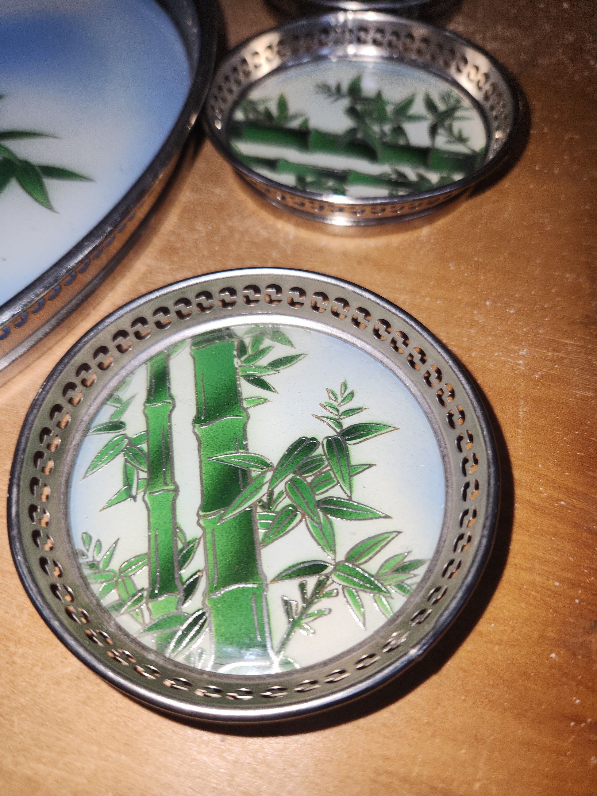 Vintage BP Glass and Stainless Tray & 6 Coaster Set with Bamboo Design Made in Japan MCM AS IS tr1