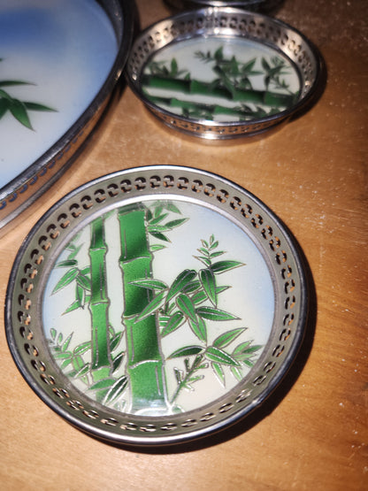 Vintage BP Glass and Stainless Tray & 6 Coaster Set with Bamboo Design Made in Japan MCM AS IS tr1