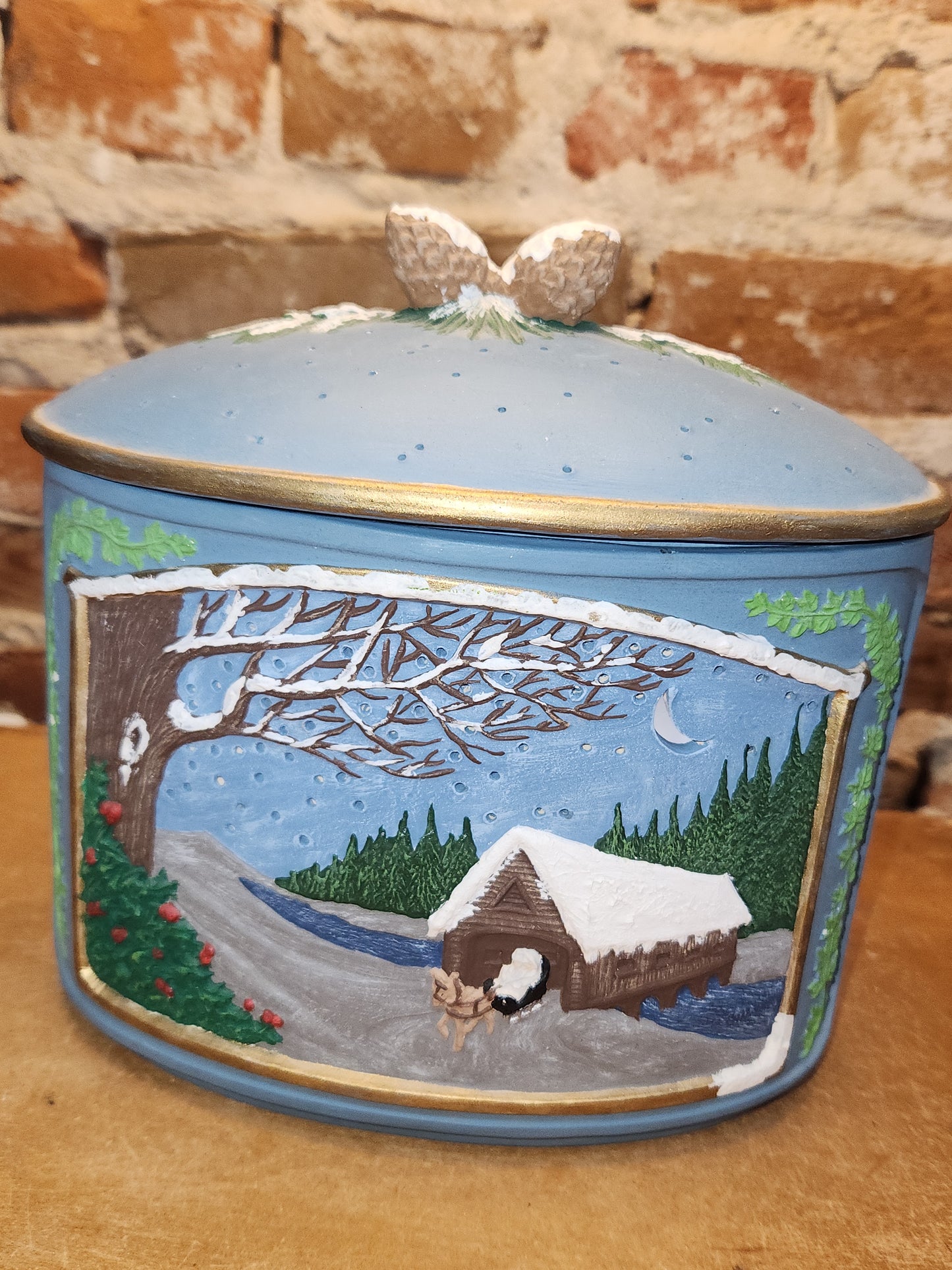 Vintage Ceramic Canister Night Light Covered Bridge Horse Pinecone AS IS nl9
