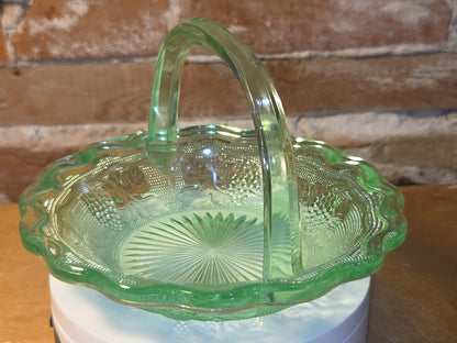 Vintage Westmoreland Uranium Glass Basket Candy Dish Grapes Vaseline Glows ug61
