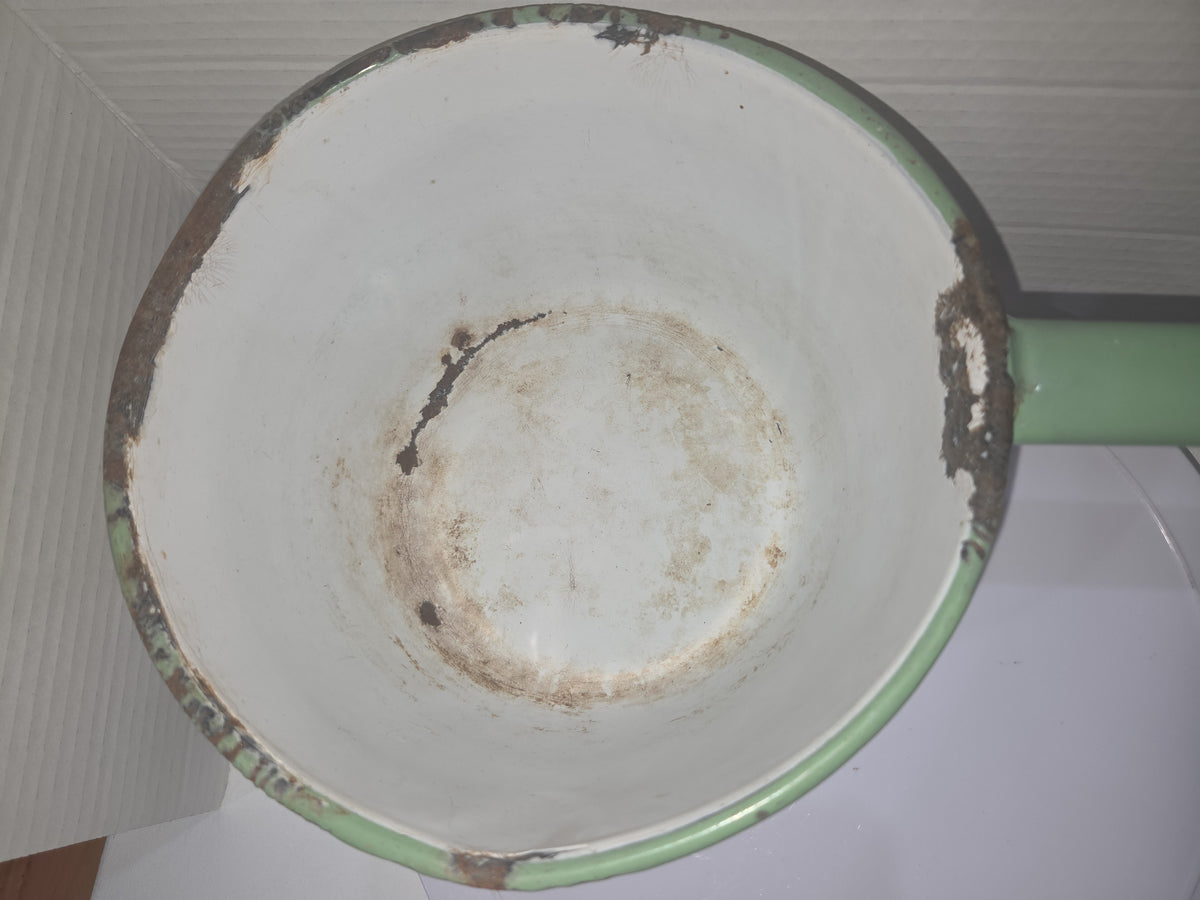 Vintage Enamelware Sauce Pan Cream Green Trim White Inside en90