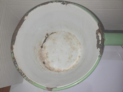Vintage Enamelware Sauce Pan Cream Green Trim White Inside en90