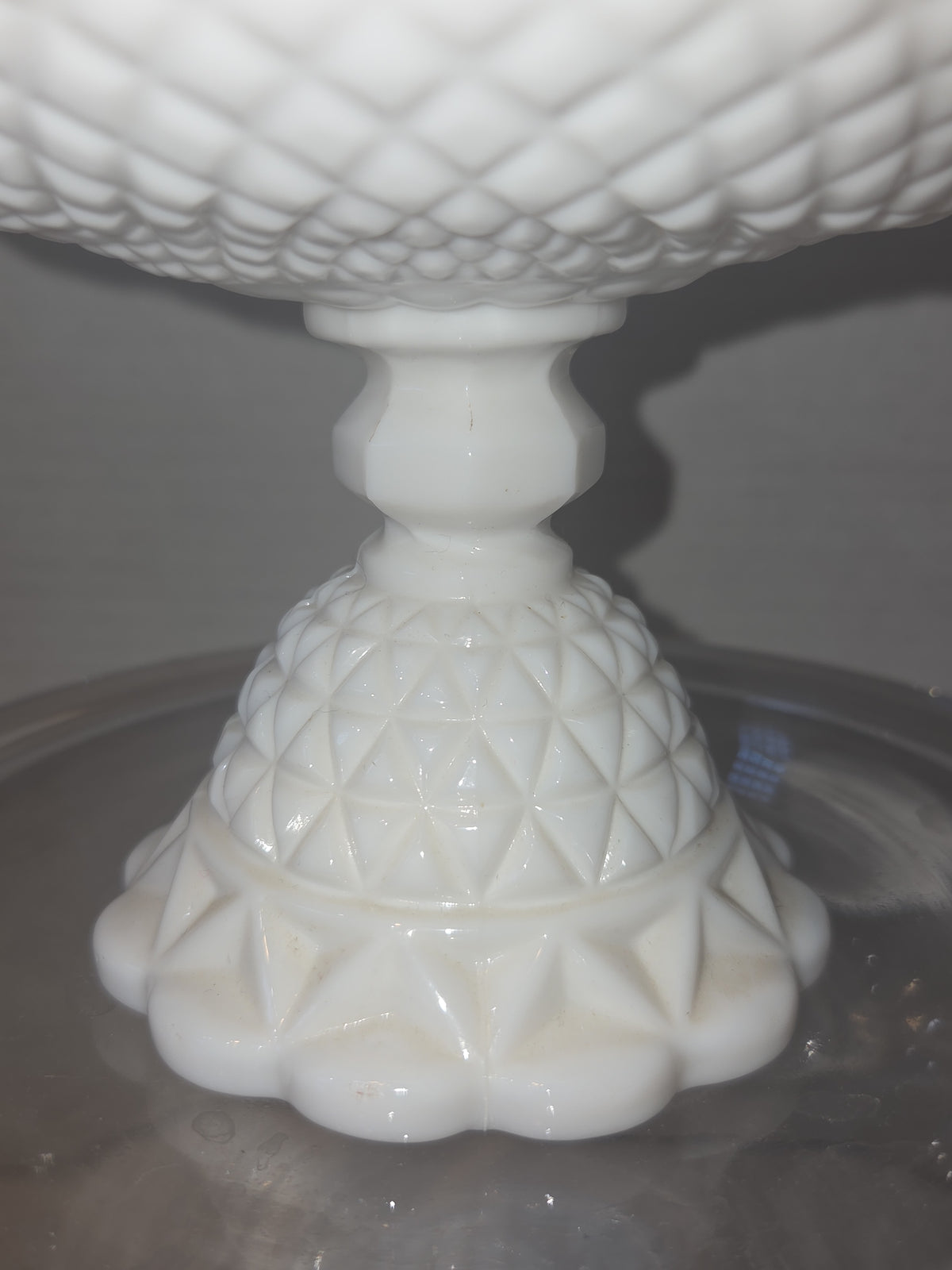 Vintage Imperial Glass White Milk Glass Footed Compote Open Laced Edge Crochet Edge and Diamond Point Pattern mg101