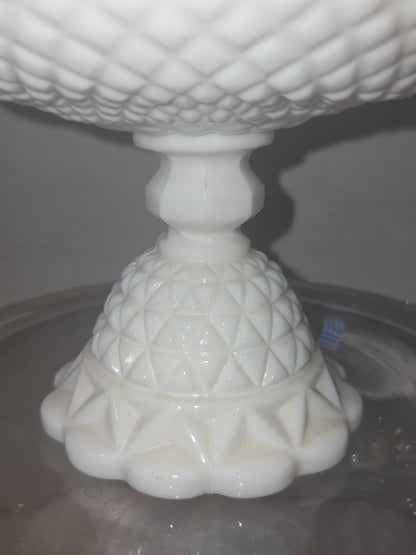 Vintage Imperial Glass White Milk Glass Footed Compote Open Laced Edge Crochet Edge and Diamond Point Pattern mg101