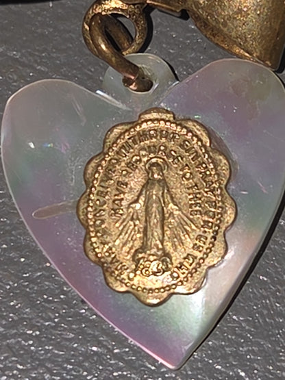 Vintage Pin Miraculous Medal Heart Mother of Pearl