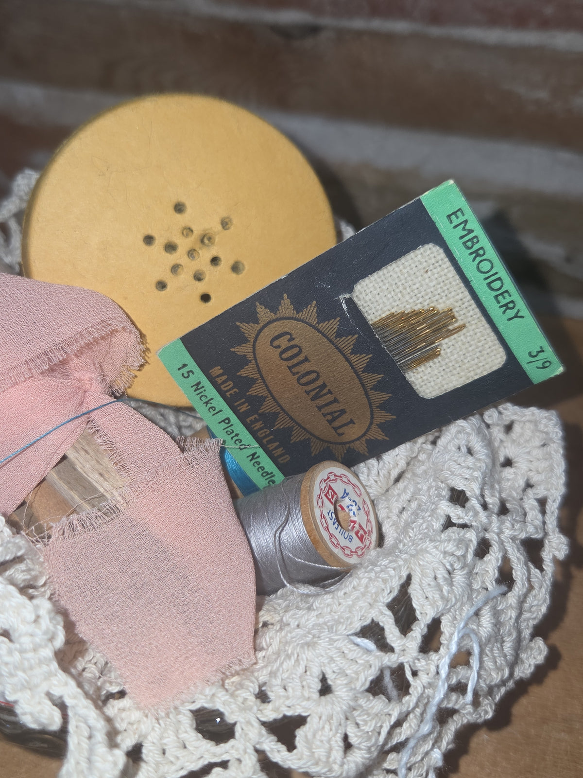 Vintage Vignette Sewing Needles, Thread, Clothes Pins, Doily, Cut Glass Bowl with Feet vi7