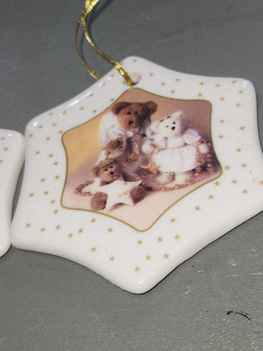 Boyd's Bears STAR shaped Porcelain HOLIDAY Christmas ORNAMENT Set of 2