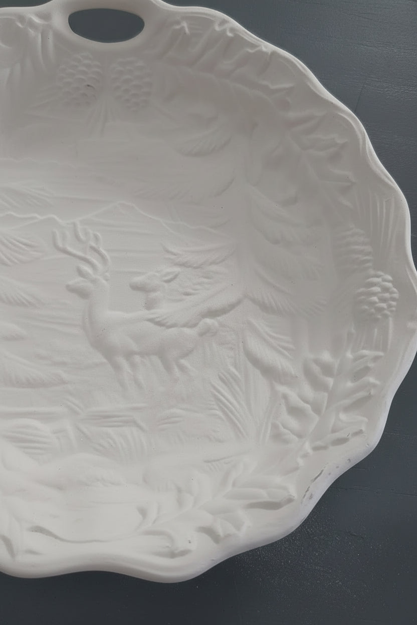 Unpainted Ceramic Serving Bowl Ready to Paint Deer in Forest 9"