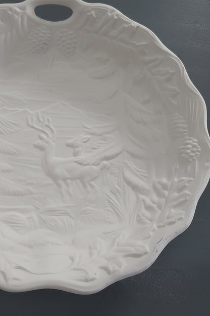 Unpainted Ceramic Serving Bowl Ready to Paint Deer in Forest 9"