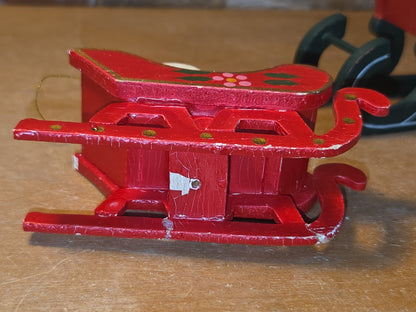 Vintage Wooden Ornament Sleigh Set of 2 AS IS MCM Kitchy