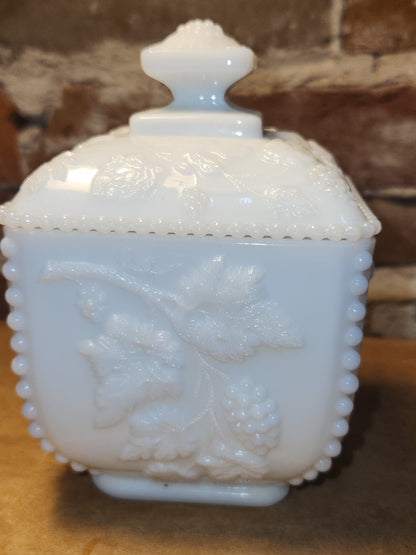 Vintage Westmoreland Milk Glass Square Lidded Candy Dish Grape Design Beaded Edges mg111
