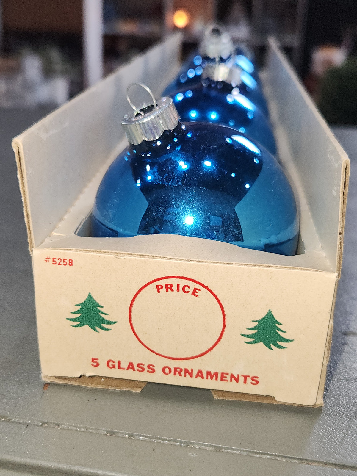 Vintage Shiny Brite Glass Christmas Ornaments Five 3" Blue Shades in Fanci-Pak Box As Is sb11