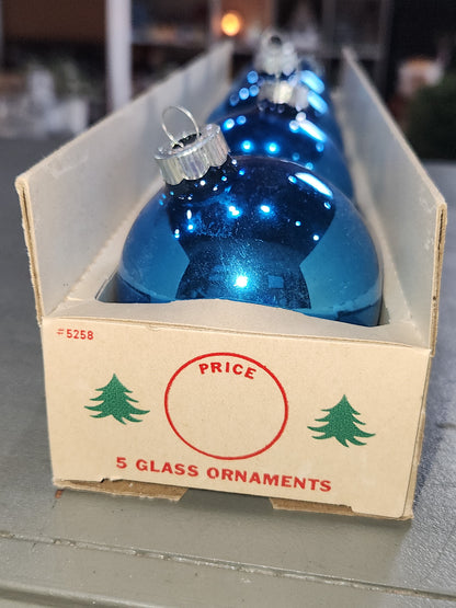 Vintage Shiny Brite Glass Christmas Ornaments Five 3" Blue Shades in Fanci-Pak Box As Is sb11