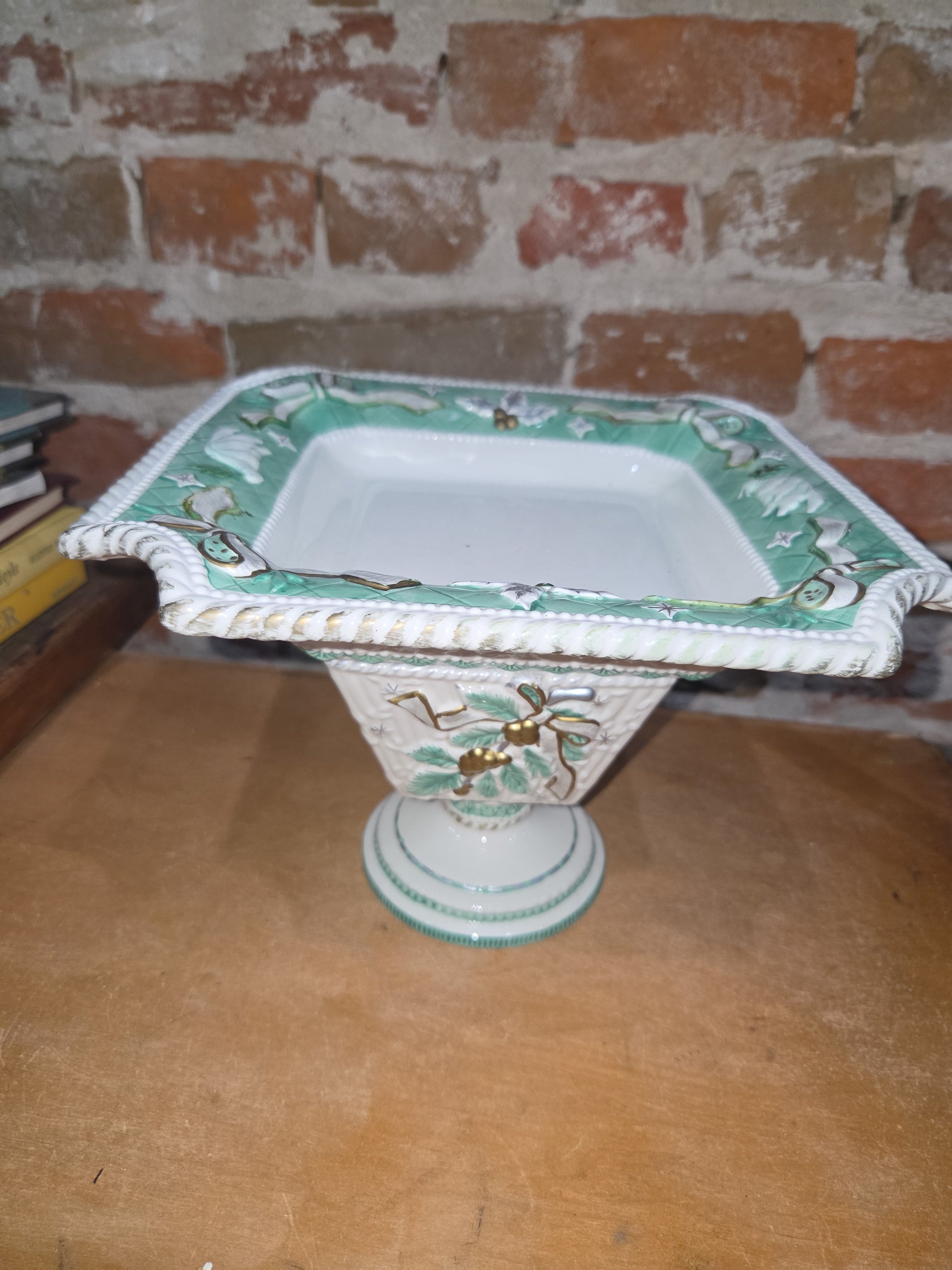 Vintage Claire Burke 2001 Holiday Collection Ceramic Pedestal AND Embossed Candy Dish