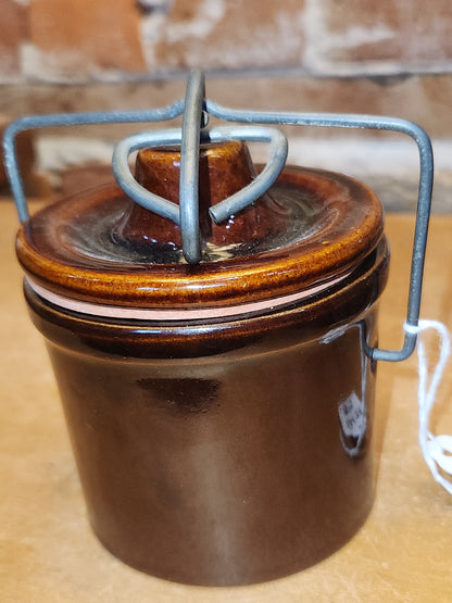 Vintage Small Brown Butter Crock Stoneware Lid and Metal Bail pot53