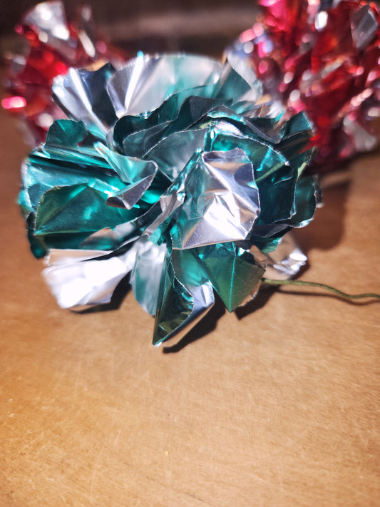 Vintage Crinkle Ball Ornaments or Picks Set of 3 Pinkish Red and Green vo21