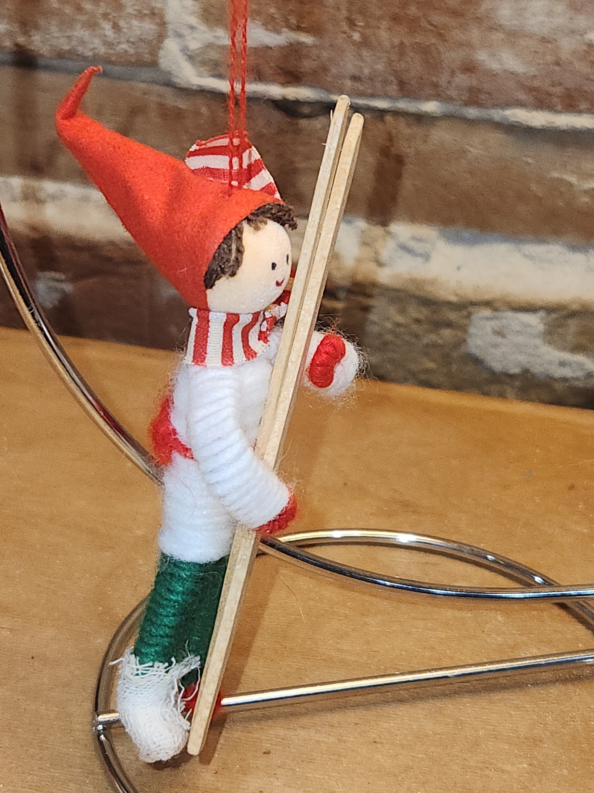Vintage Fabric & Wood Boy w/Skies Christmas Ornament Germany elf00