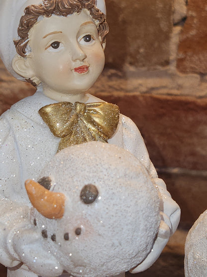 Kid Building Snowman Figurine Resin White Gold sm11