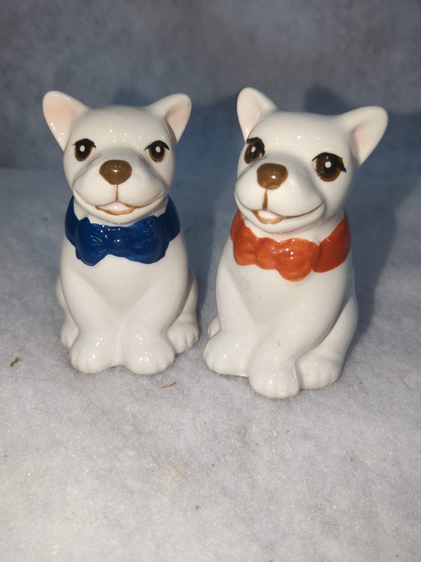 French Bulldog Ceramic Salt and Pepper Shakers Red & Blue Bow Ties Missing One Stopper CLEARANCE