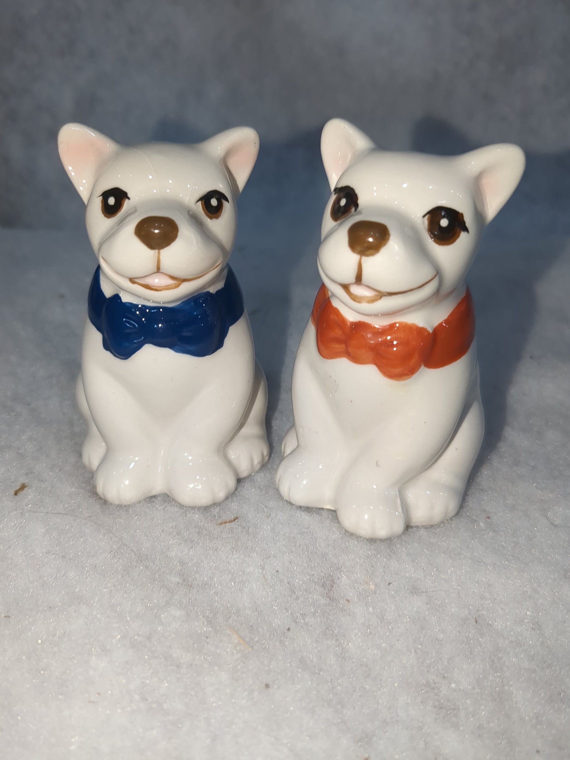 French Bulldog Ceramic Salt and Pepper Shakers Red & Blue Bow Ties Missing One Stopper CLEARANCE