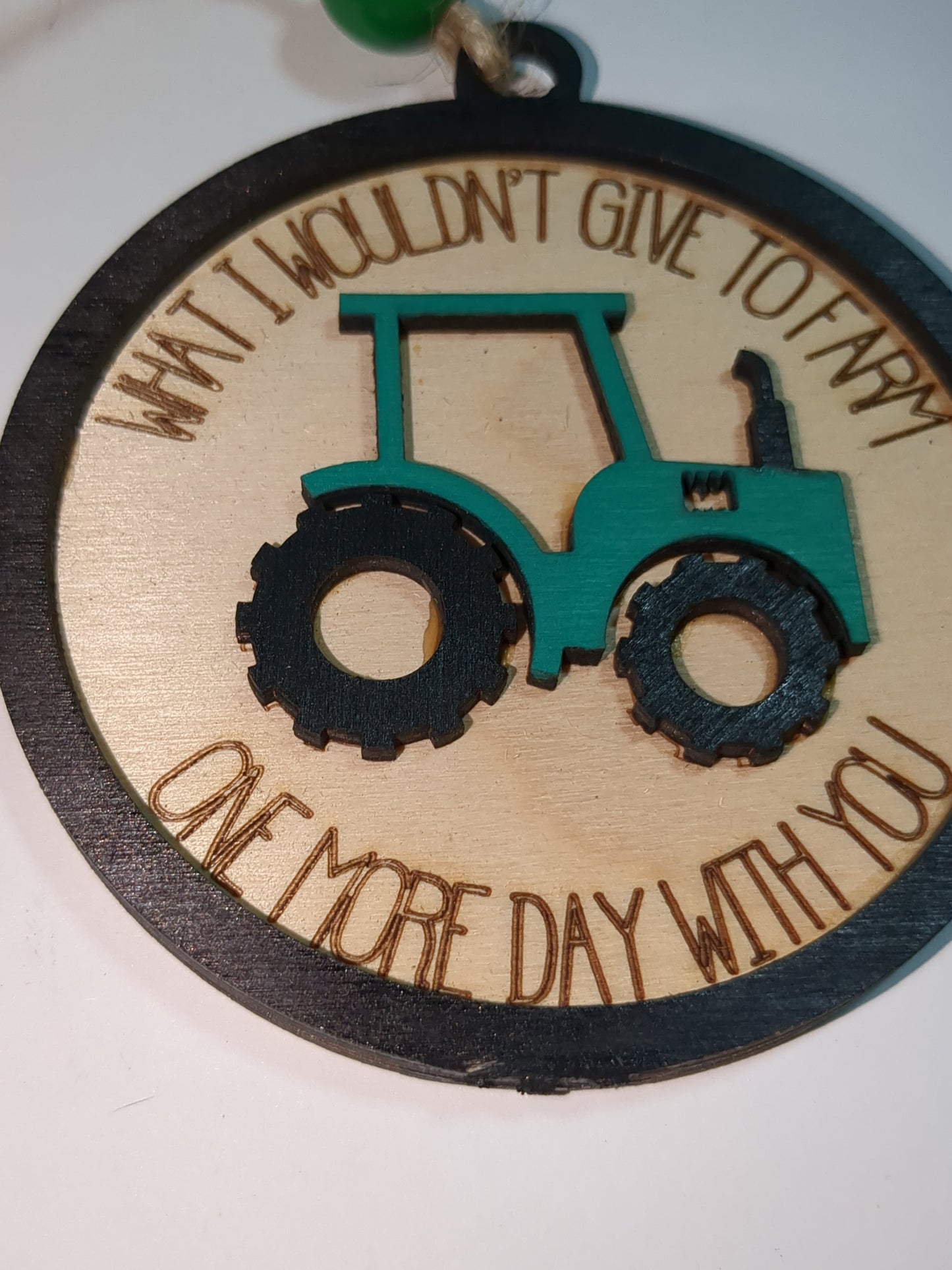 Ornament or car charm memorial memorial with green tractor