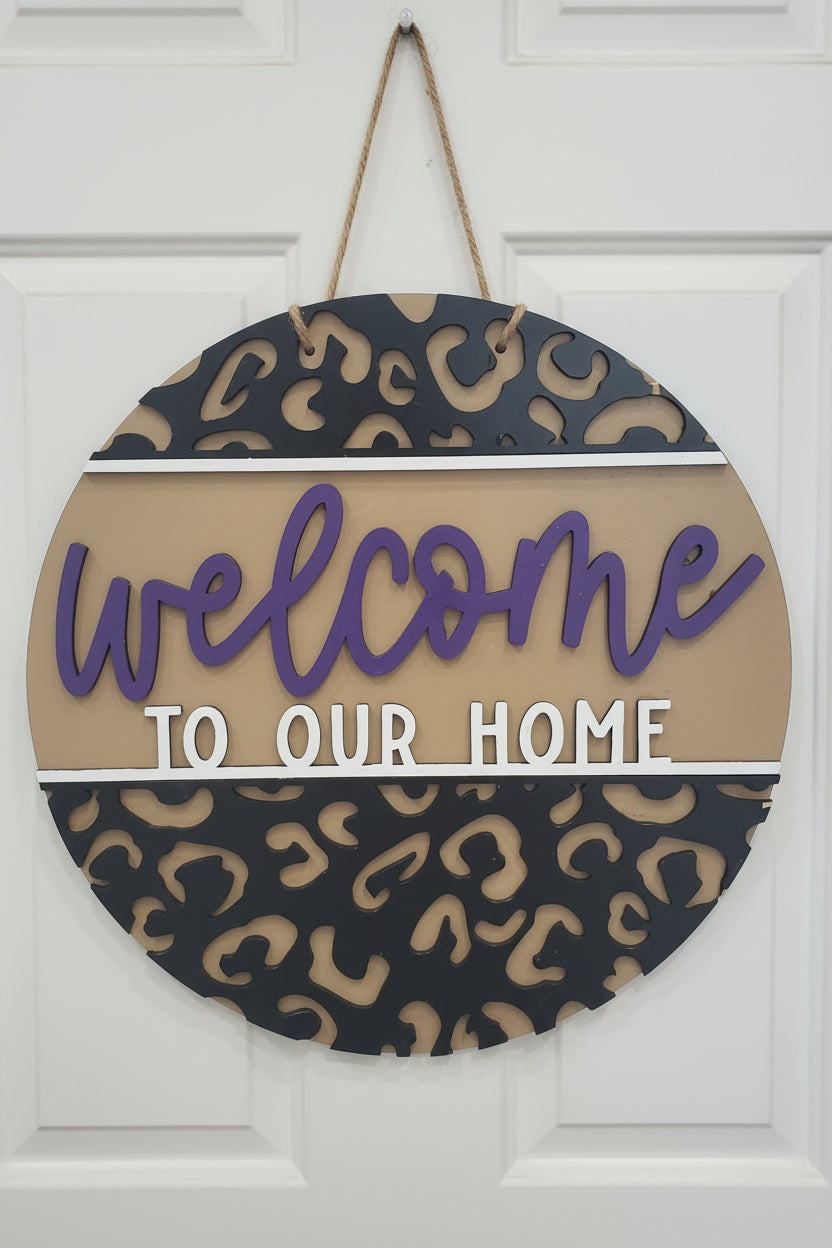 Door Sign 16" Handpainted Leopard Print Welcome to our Home purple black white tan CLEARANCE ds9