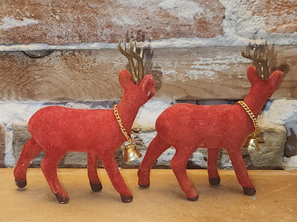 Vintage Red Flocked Deer Reindeer Set of 2 vd8