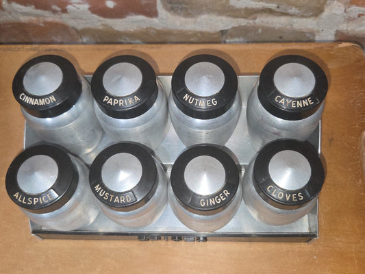 Kromex Vintage Aluminum Spice Set of 8 and Rack alu003