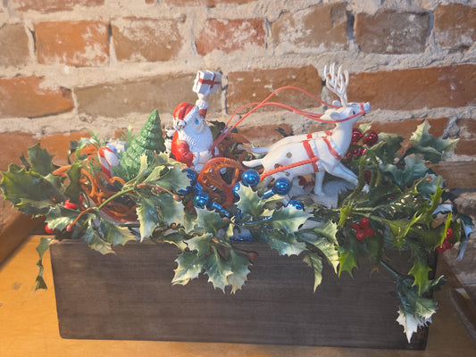 Assemblage With Vintage Blow Mold Santa and Reindeer Flocked Sleigh va98