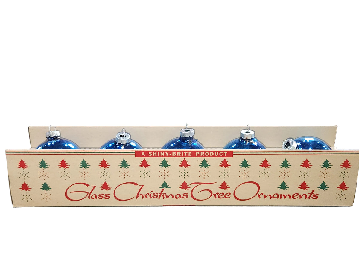 Vintage Shiny Brite Glass Christmas Ornaments Five 3" Blue Shades in Fanci-Pak Box As Is sb11