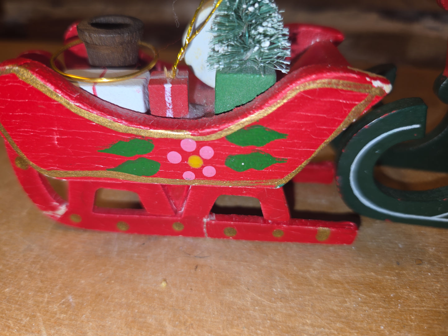 Vintage Wooden Ornament Sleigh Set of 2 AS IS MCM Kitchy