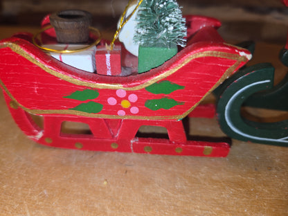 Vintage Wooden Ornament Sleigh Set of 2 AS IS MCM Kitchy
