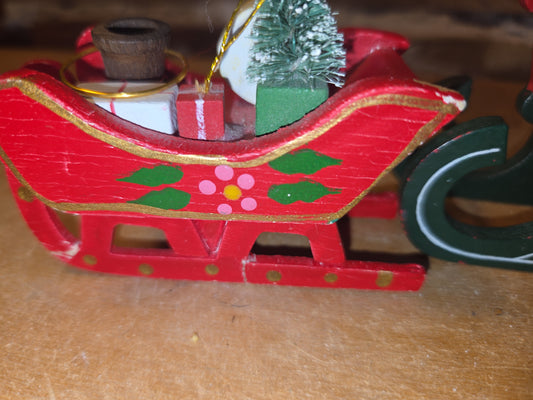 Vintage Wooden Ornament Sleigh Set of 2 AS IS MCM Kitchy