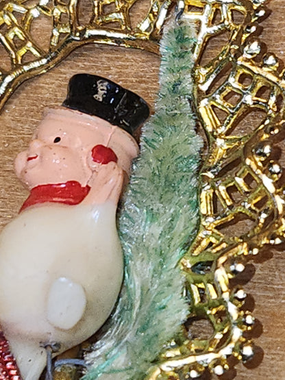 Vintage Commodore Ornament with Celluloid Snowman Chinelle Tree Plastic Bow sm17