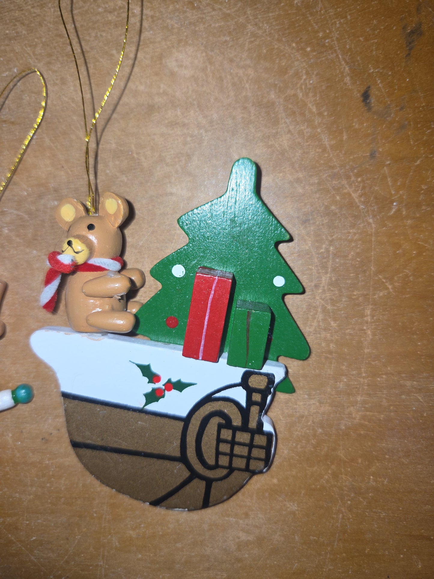 Vintage Wooden Ornaments Snowman Cat Shoe Tree Set of 5 MCM Kitchy