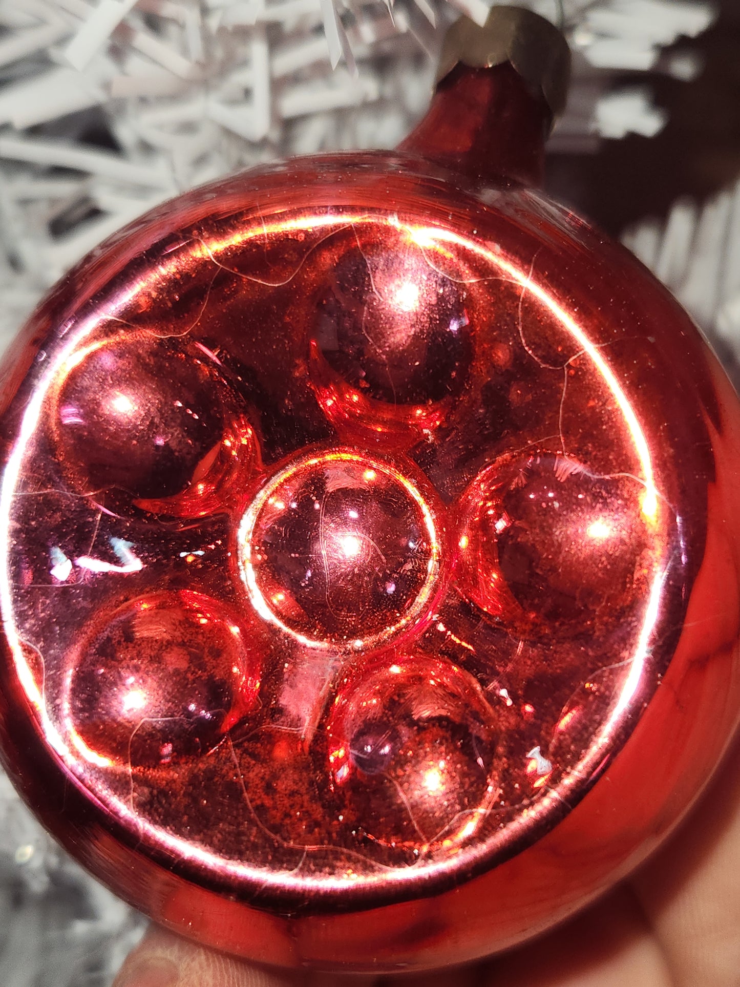 Vintage Red Indent Glass Christmas Ornament Made in USofA vo13