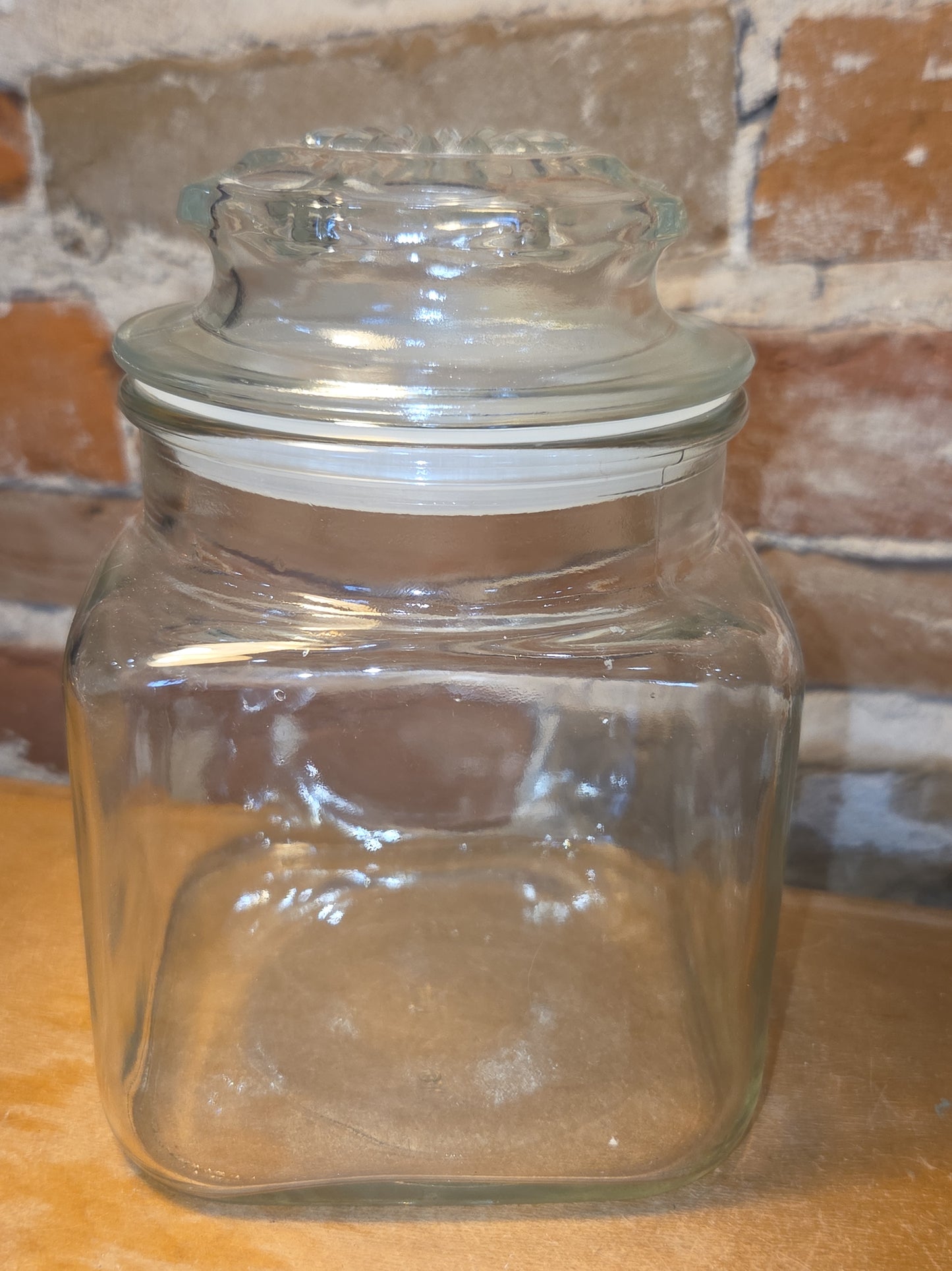Vintage Clear Glass Square Canister with Sunburst Lid 6 1/4" square sj3